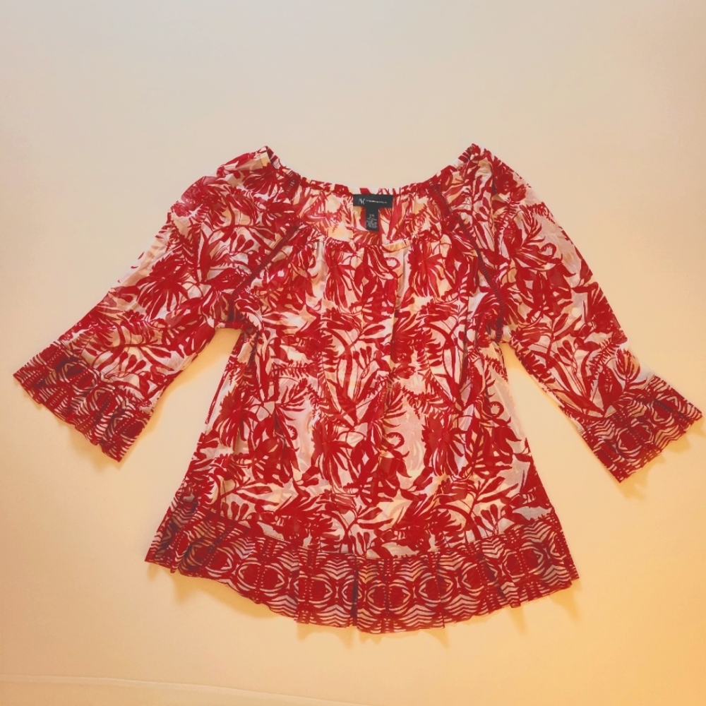 INC Red & White Floral Sheer Loose Top XXL